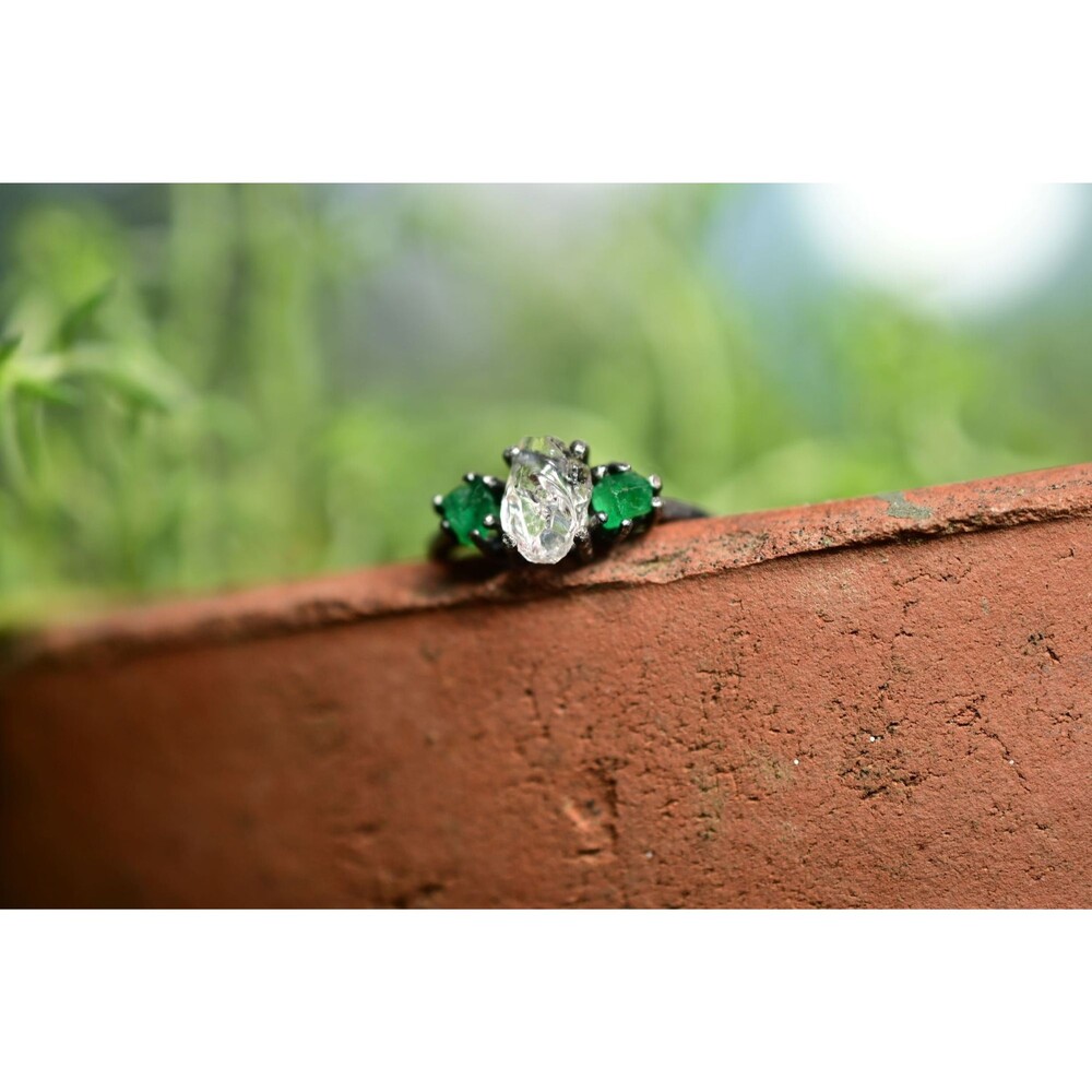 Real Emerald Rings, Genuine Uncut Emerald Jewelry, Raw Diamond Ring, Natural Gem